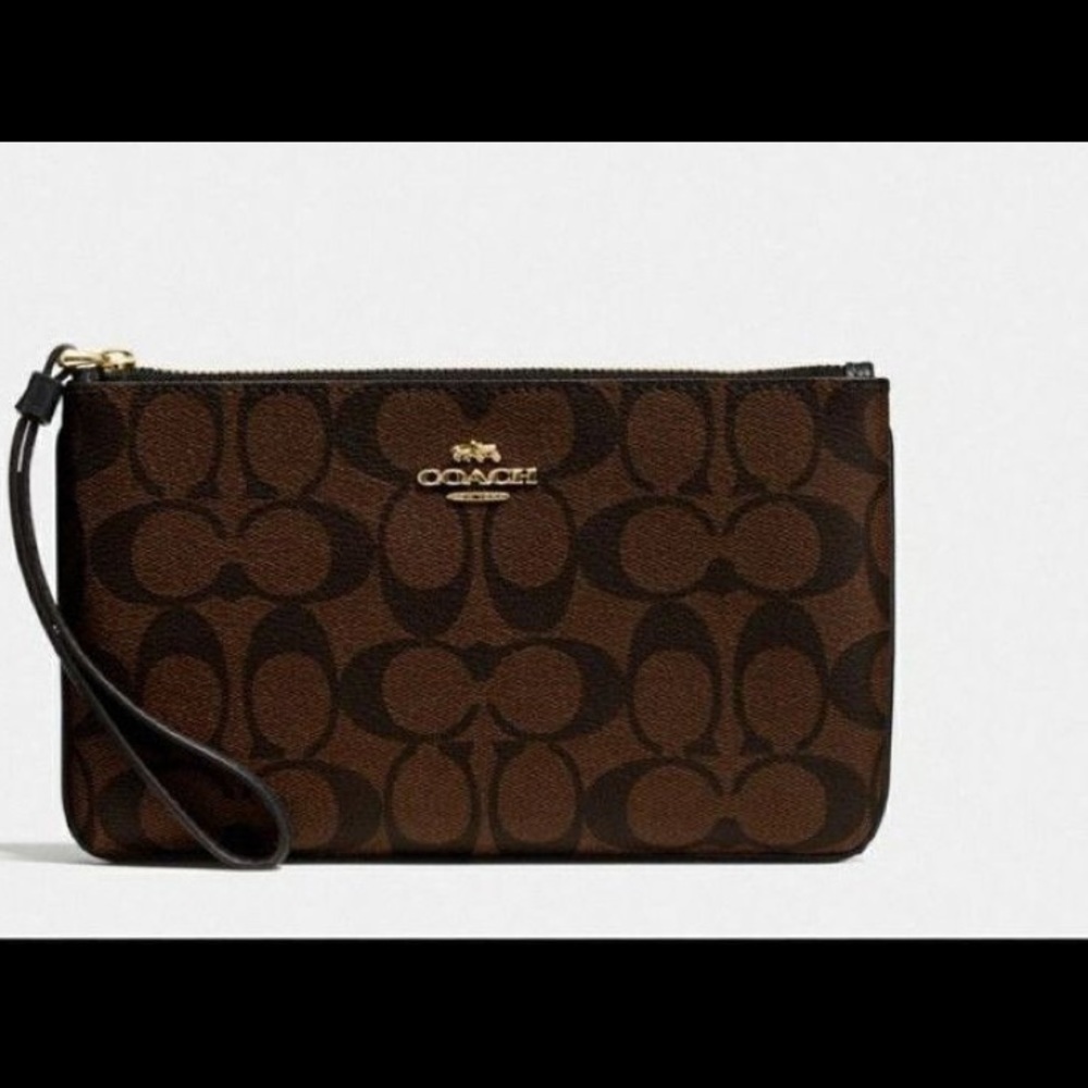 Coach signature single zip wristlet brown/black